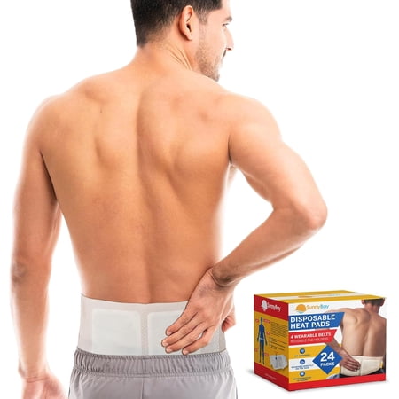 SunnyBay 24-Pack Pain Relief Patches for Lower Back Pain, 4 Wearable belts 42 inches long, Air-Activated Disposable Heat Pads for Menstrual Cramps, Neck, Shoulder, and More, Up to 113 °F Heat Therapy