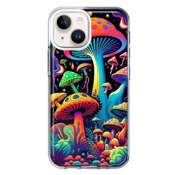 MUNDAZE Case for Apple iPhone 15 Hybrid Shockproof Slim Hard Soft TPU Shell Heavy Duty Protective Phone Cover - Neon Rainbow Psychedelic Indie Hippie Mushrooms