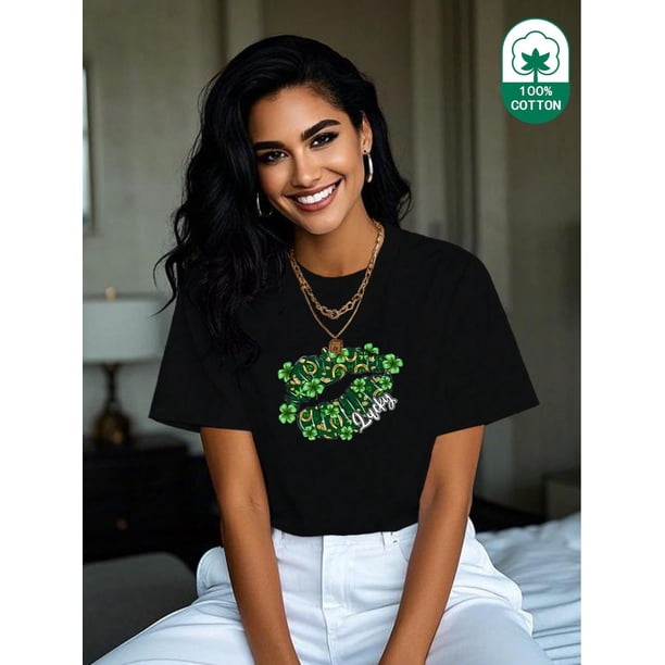 (180g Pure Cotton T-Shirt) St. Patrick's Day - Green Lucky Big Lips Printed Women's Summer Round Neck Thick Short Sleeve T-Shirt Casual Pure Cotton