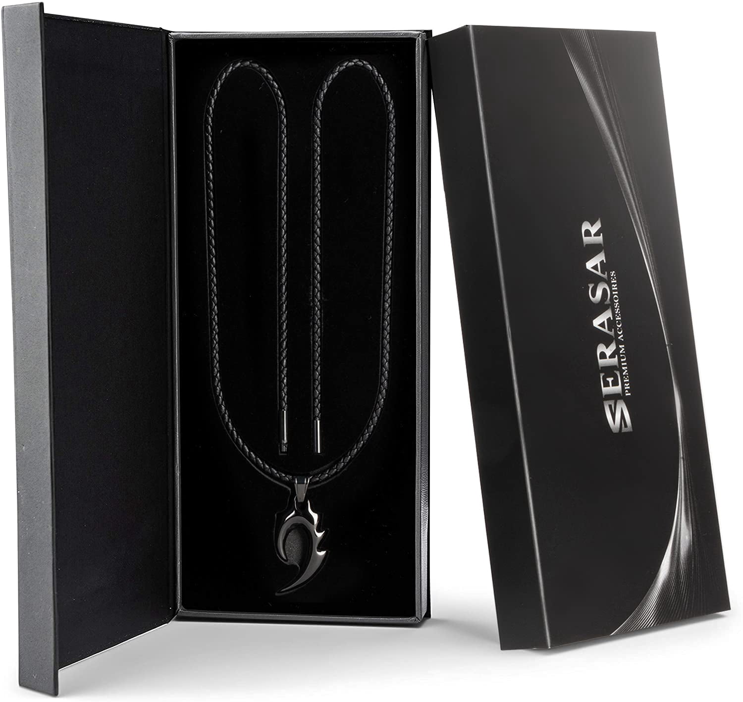 SERASAR Men's Leather necklace "Flame" with Stainless steel Pendant and Magnetic Closure, Black 50cm, incliding Gift box