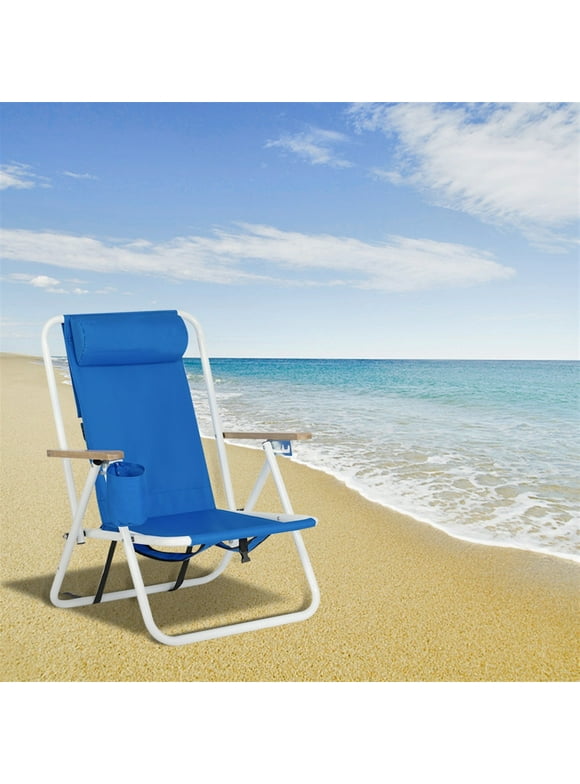 Portable High Strength Beach Chair with Removable Padded Headrest, Single Folding Backpack Beach Chair, Outdoor Camping Chair, Blue