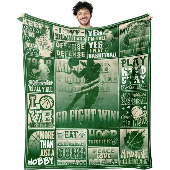 Milwaukee Basketball Blanket Gifts, Basketball Style Travel Blanket Gifts for Men Women Boys Kids, Basketball Lovers Gifts, Green Basketball Throw Blanket 50" X 60"