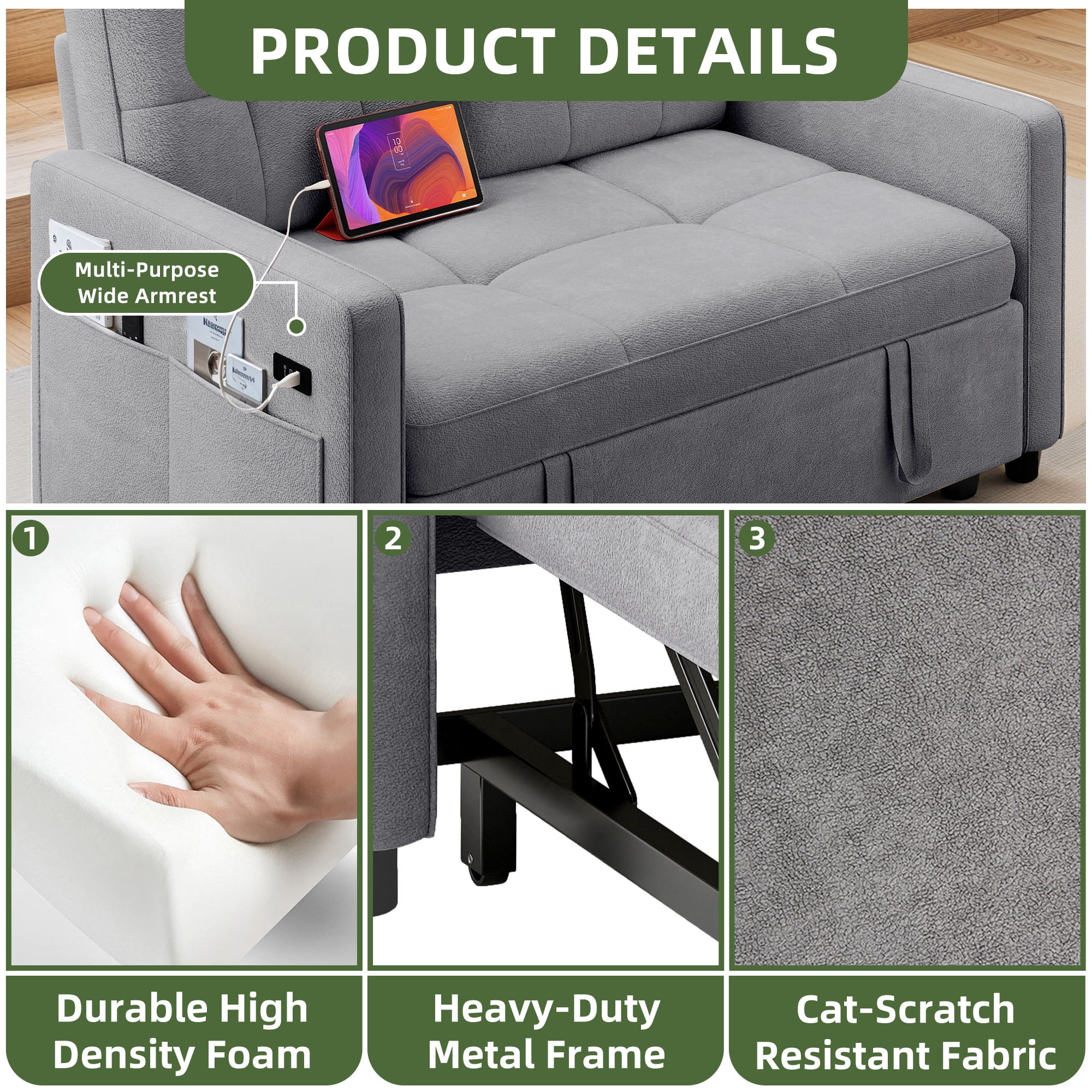 Uforic 3-in-1 Convertible Futon Sofa Bed, Modern Couch Cat-Scratch-Proof Loveseat Sleeper for Small Place, Gray