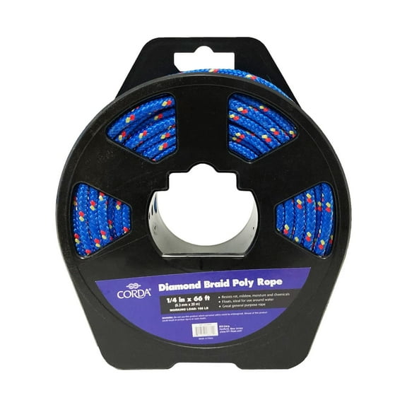 CORDA Diamond Braid Rope, Blue, Polypropylene, 1/4" x 66'