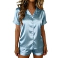 thumbnail image 2 of BiZtdJrK Button Up Pajamas for Women Satin Silk Short Sleeve Striped Shirts and Shorts 2 Piece Pjs Sets Comfy Summer Sleepwear Set Blue M, 2 of 7
