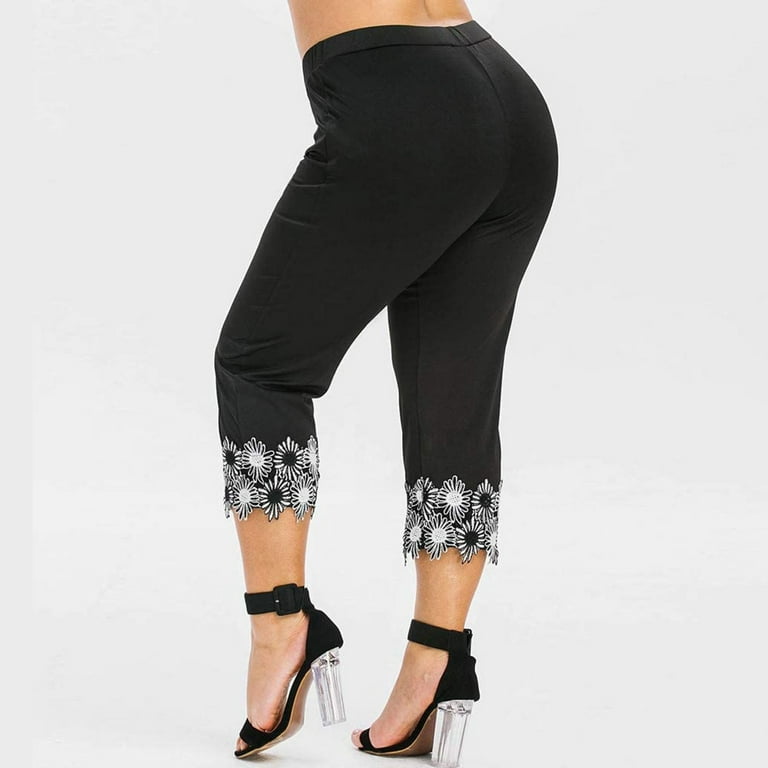 CBGELRT Plus Size Cropped Leggings Fashion Floral Lace Women's Pants  Workout Fitness Running Leggins High Waist Casual Thin 3/4 Trousers Black L  