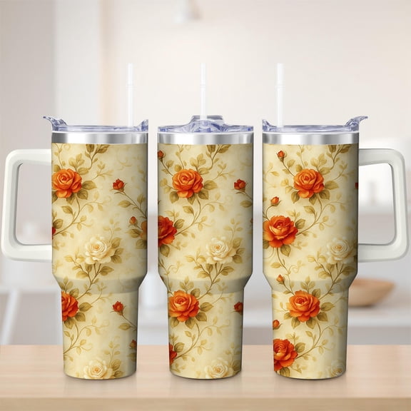 Floral Rose Vine Stainless Steel Insulated Mug with Lid and Handle, 30oz