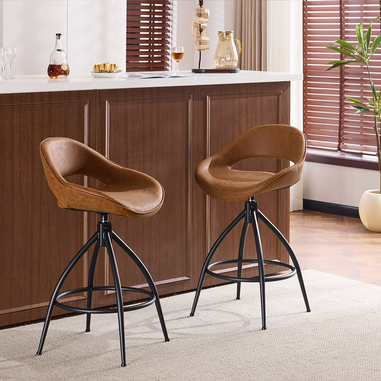 Ktaxon Set of 2 Swivel Barstools with footrest, 26" Counter Height Padded Bar Stools 2 PCS, Brown
