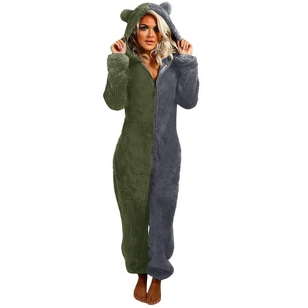 

Womens Fleece Onesie Pajamas Jumpsuit Colorblock Warm Sherpa Romper Sleepwear Zip-Up Hooded Loungewear Playsuit