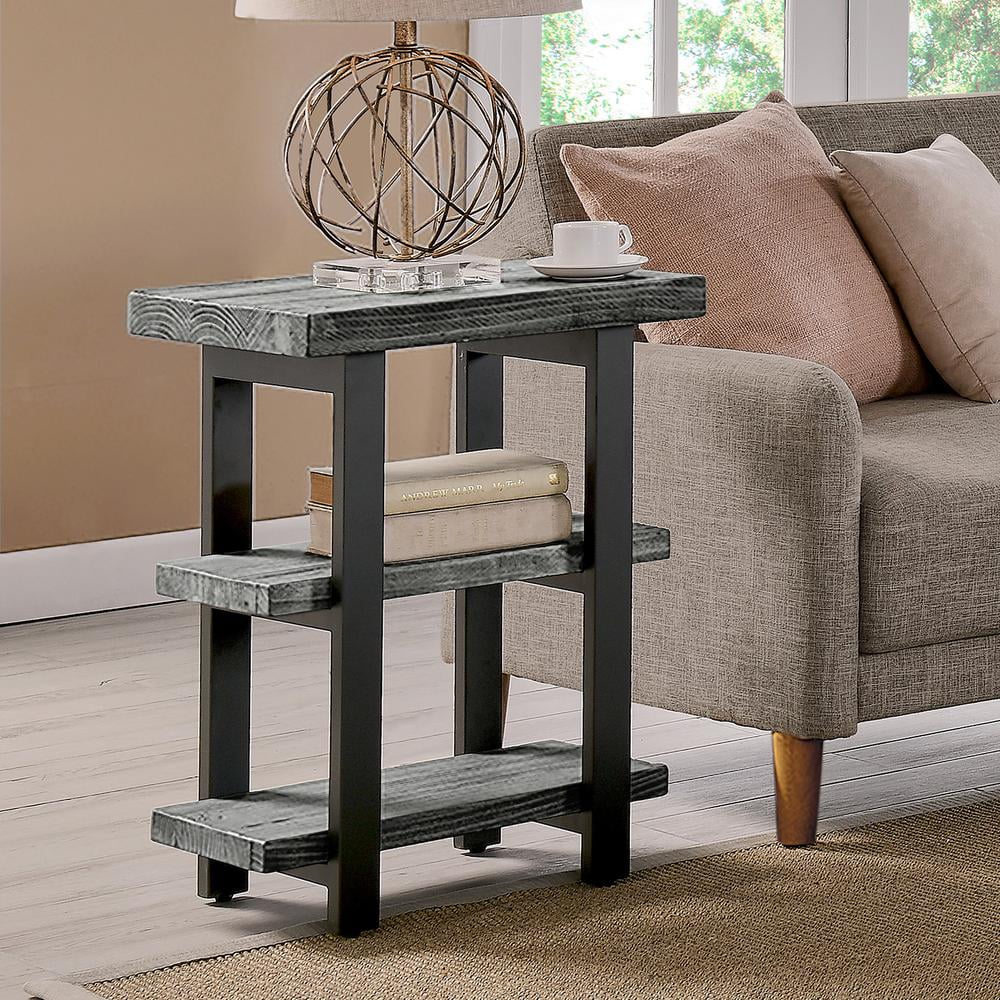 Alaterre Furniture Pomona Industrial 2-Shelf End Table with Solid Pine Wood and Metal Legs, Living Room Furniture, Slate Gray