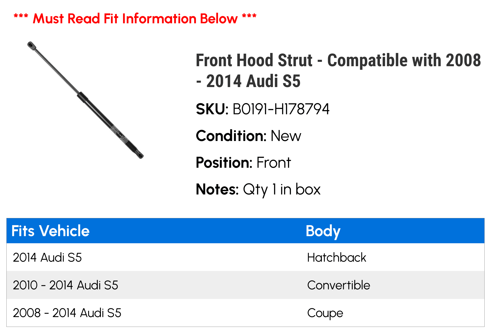 Front Hood Strut - Compatible with 2008 - 2014 Audi S5 - Autopart Premium