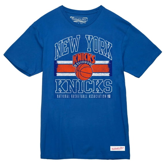 Men's Mitchell & Ness Royal New York Knicks Striped Logo Lockup Premium T-Shirt