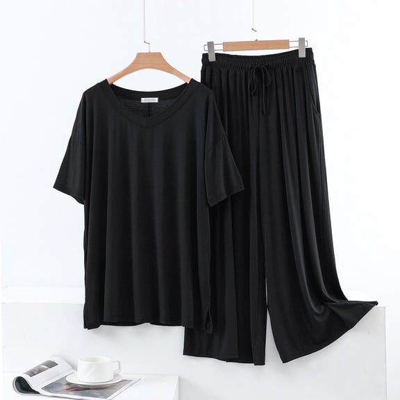 Wensltd Summer Women's Loose Pajamas Set Soft Short Sleeve Top and Long Pants Lightweight Sleepwear Sets