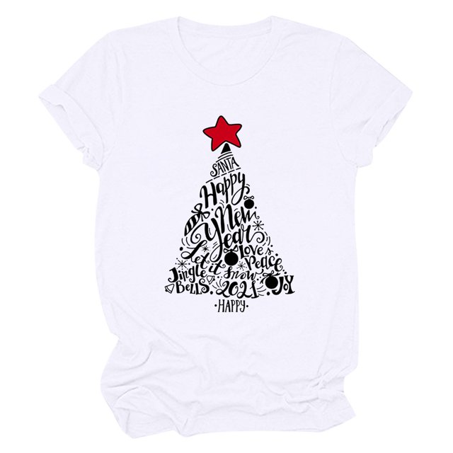 T-shirt Décontracté pour Femmes à Col Rond et Manches Courtes avec Imprimé de Sapin de Noël