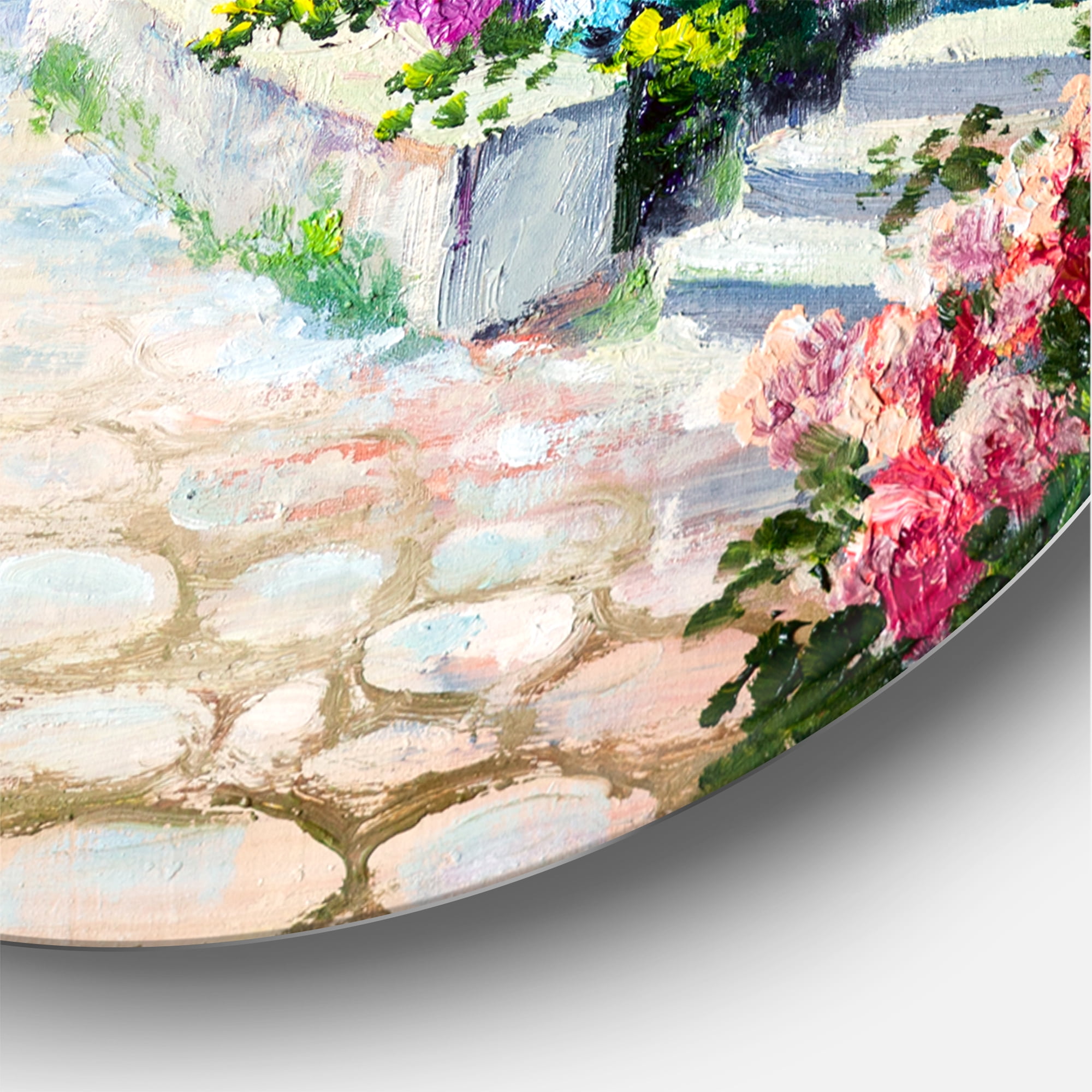 Designart 'Blossoming Flowers With White Houses With Near The Sea' Nautical & Coastal Circle Metal Wall Art 11x11 - Disc of 11