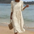 thumbnail image 2 of Ahabrexf Summer Dresses for Women, Floral Embroidered 3/4 Sleeve Round Neck Casual Midi Dress for Beach Vacation Wear, 2 of 7