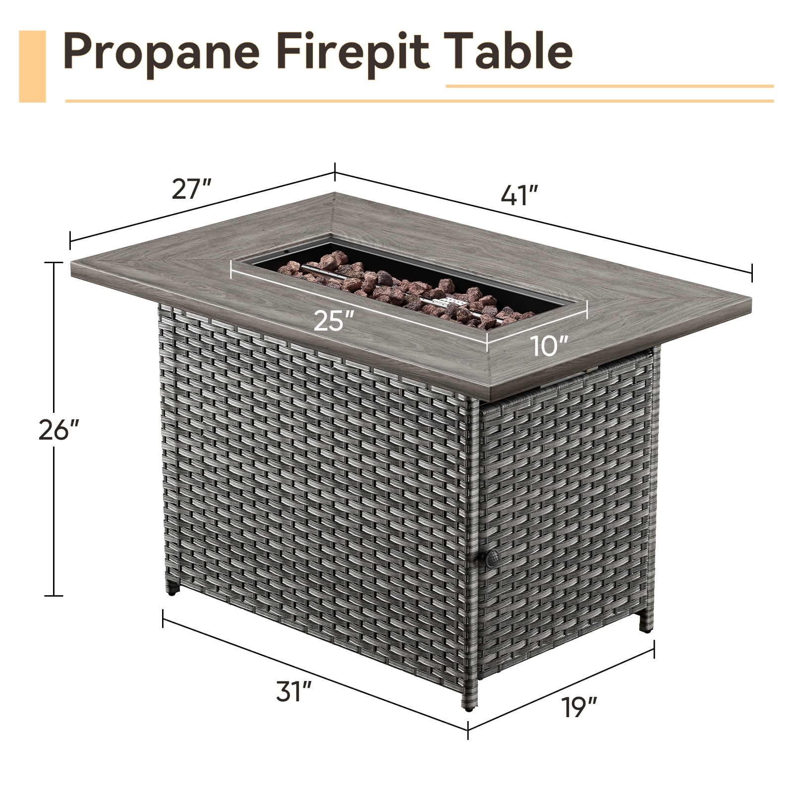 OPOHORO 41" Rectangular Propane Fire Pit 50,000 BTU Outdoor PE Wicker Fire Pit Table with Lid, Gray