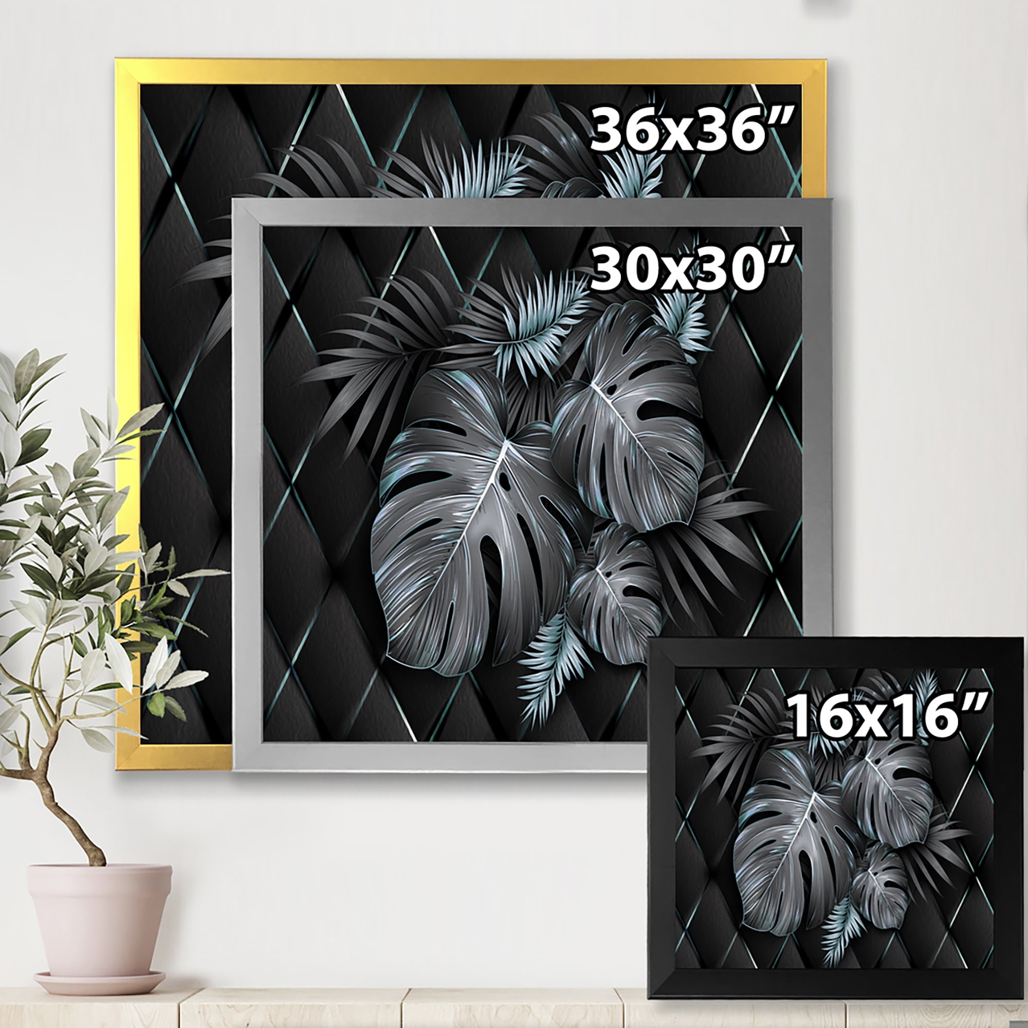 Designart 'Gold and Black Tropical Leaves I' Modern Framed Art Print