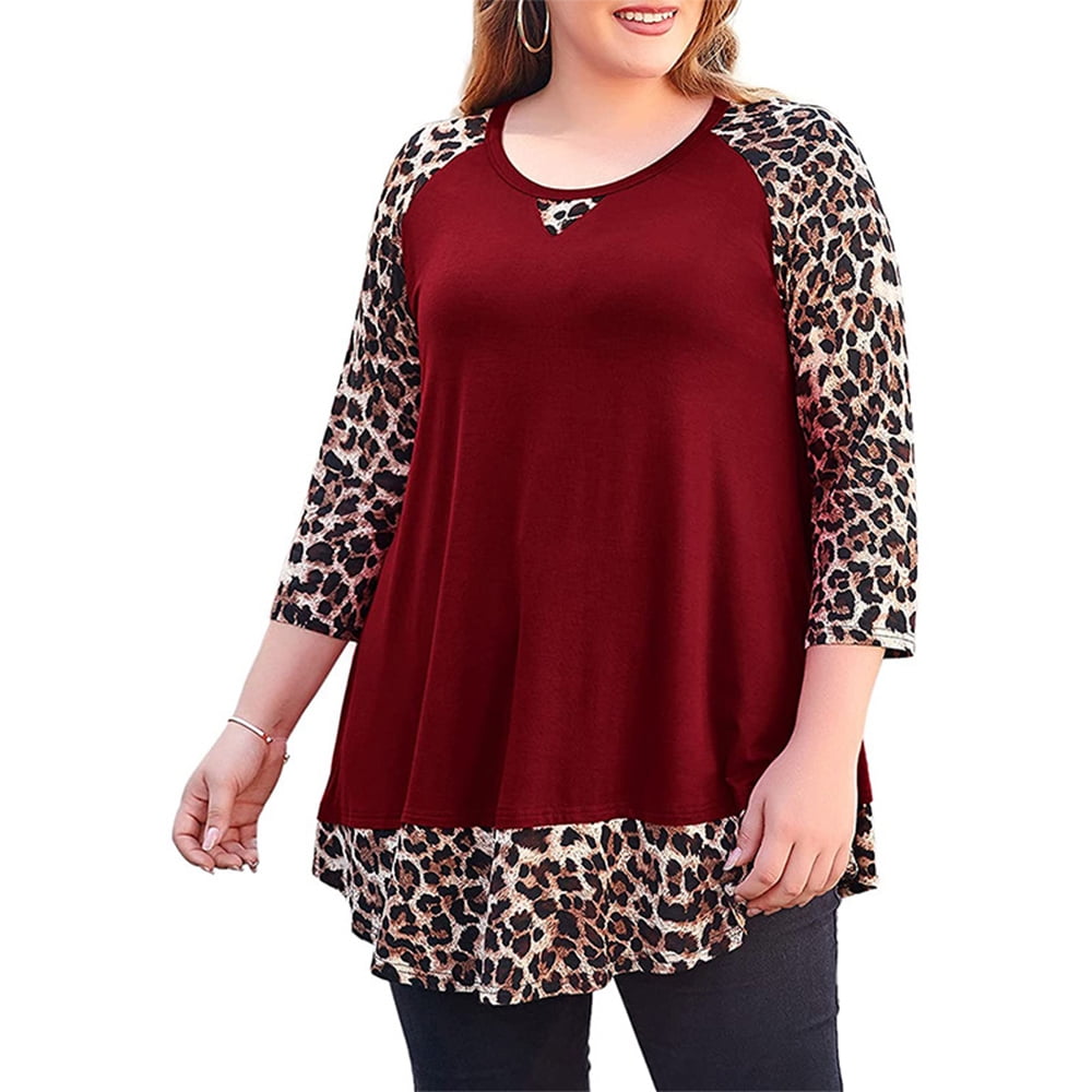 KZKR Plus Size Tunic for Women Leopard Print Color Block Tops Fall 3/4  Sleeve T Shirt Casual Blouse Tunics for Leggings - Walmart.com