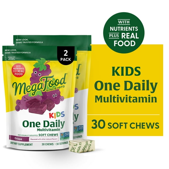 MegaFood Kids One Daily Multivitamin Soft Chews - Grape - Age 4  - 30 Servings, 2 Pack