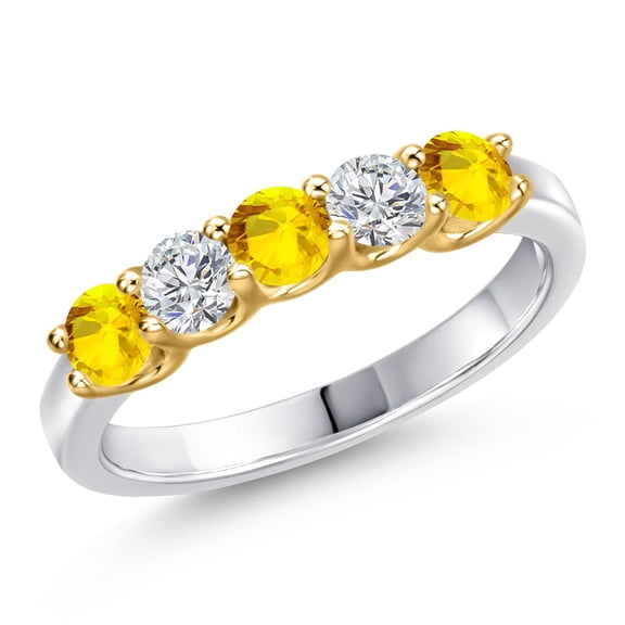 Gem Stone King 925 Silver and 10K Yellow Gold Yellow Sapphire and Lab Grown Diamond Wedding-Bands Ring for Women | 0.82 Cttw | Round 3.5MM | Gemstone September Birthstone | Size 6