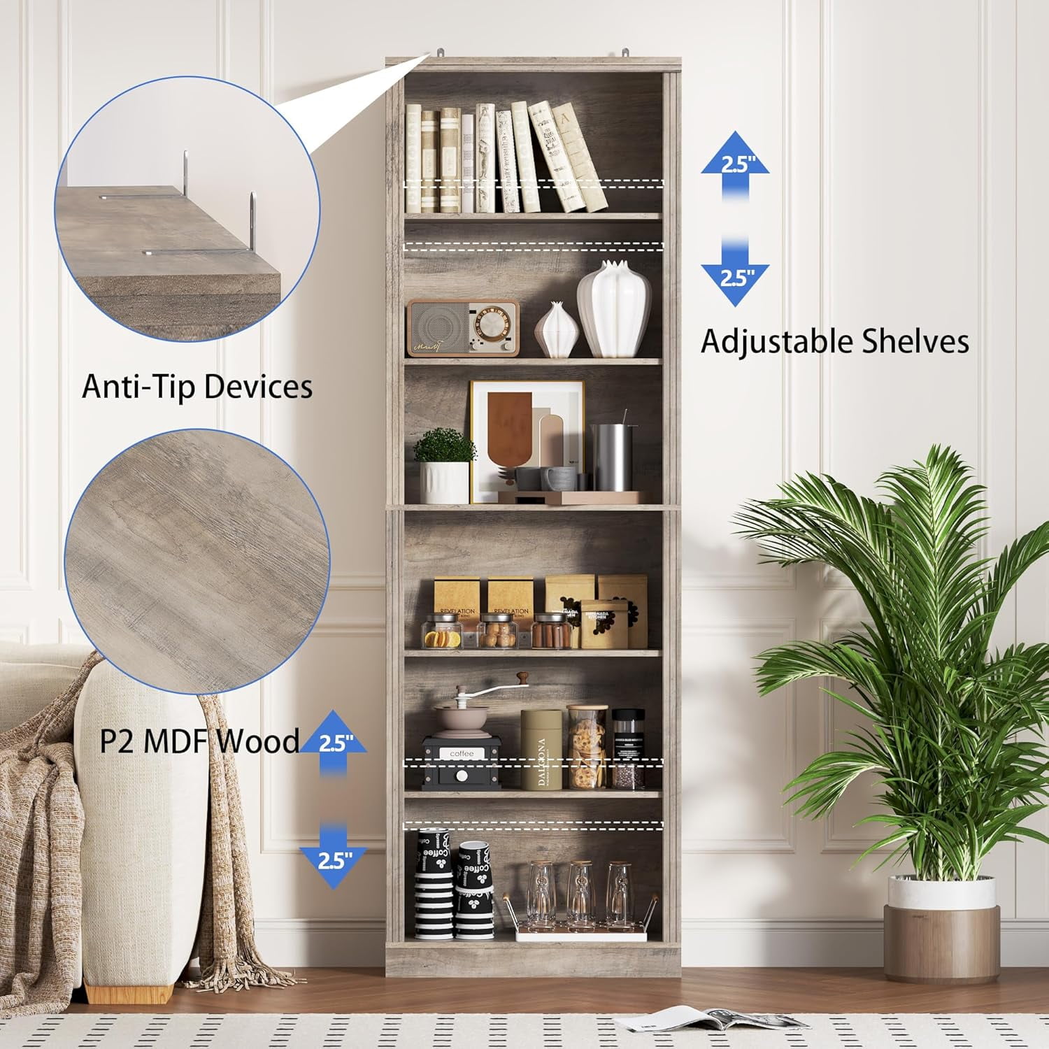 PUFFCAFE 75" Tall Bookcase,24" Wide Wood Book Shelf,6 Tier Display Storage Shelves,Gray Bookshelf for Home Office Living Room Bedroom Study,2 Pack