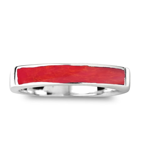 Rectangular Bar Red Coral Stone Inlay Sterling Silver Ring-5