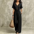 thumbnail image 6 of Women's V Neck Short Sleeve Jumpsuit Cinched Waist Casual One Piece Romper with Long Pants Summer Fashion Outfit Black M(M), 6 of 6