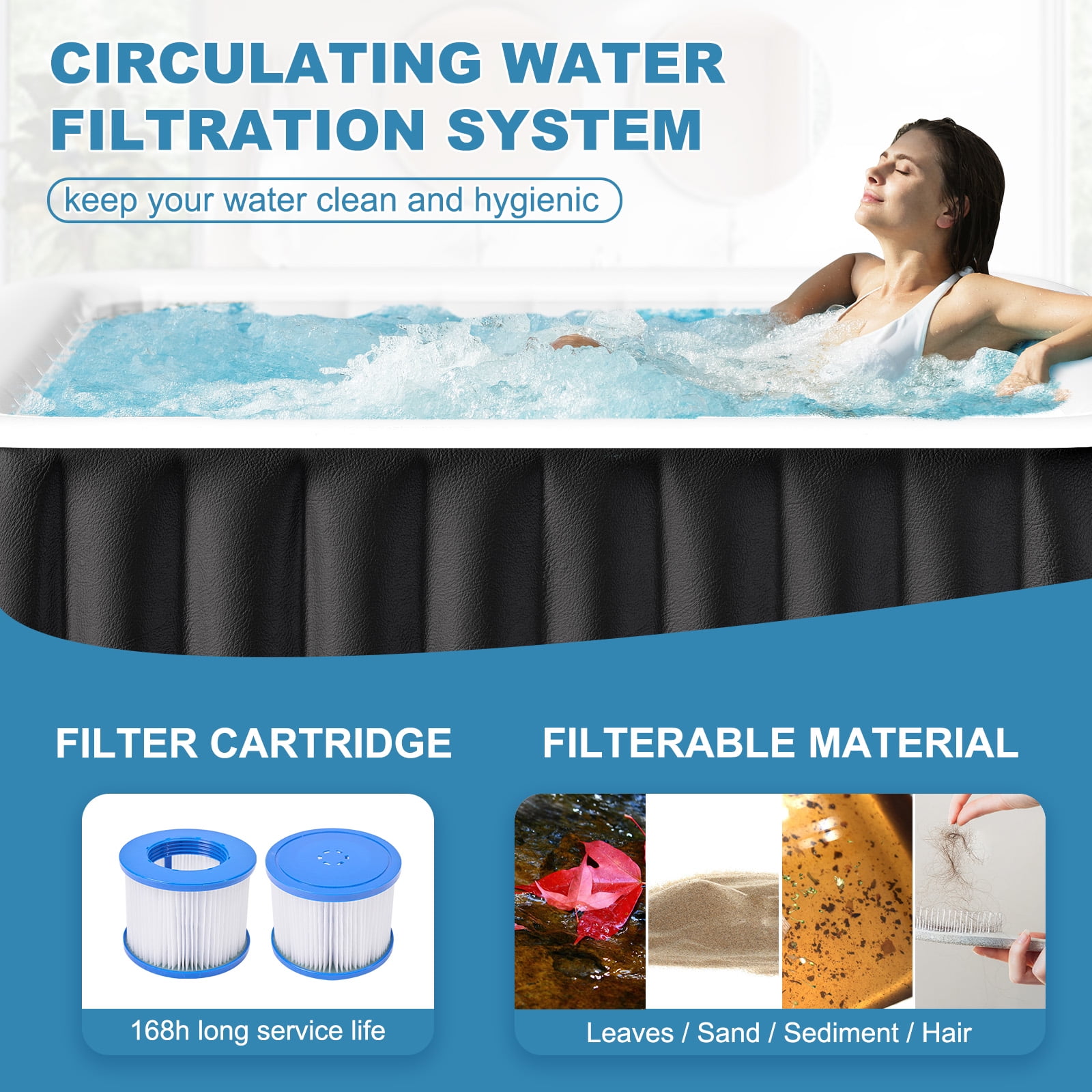 Slsy 4-6 Person Inflatable Square Hot Tub with 130 Bubble Jets, Built-in Heater Pump and Filter, 73"L x 73"W x 25"H