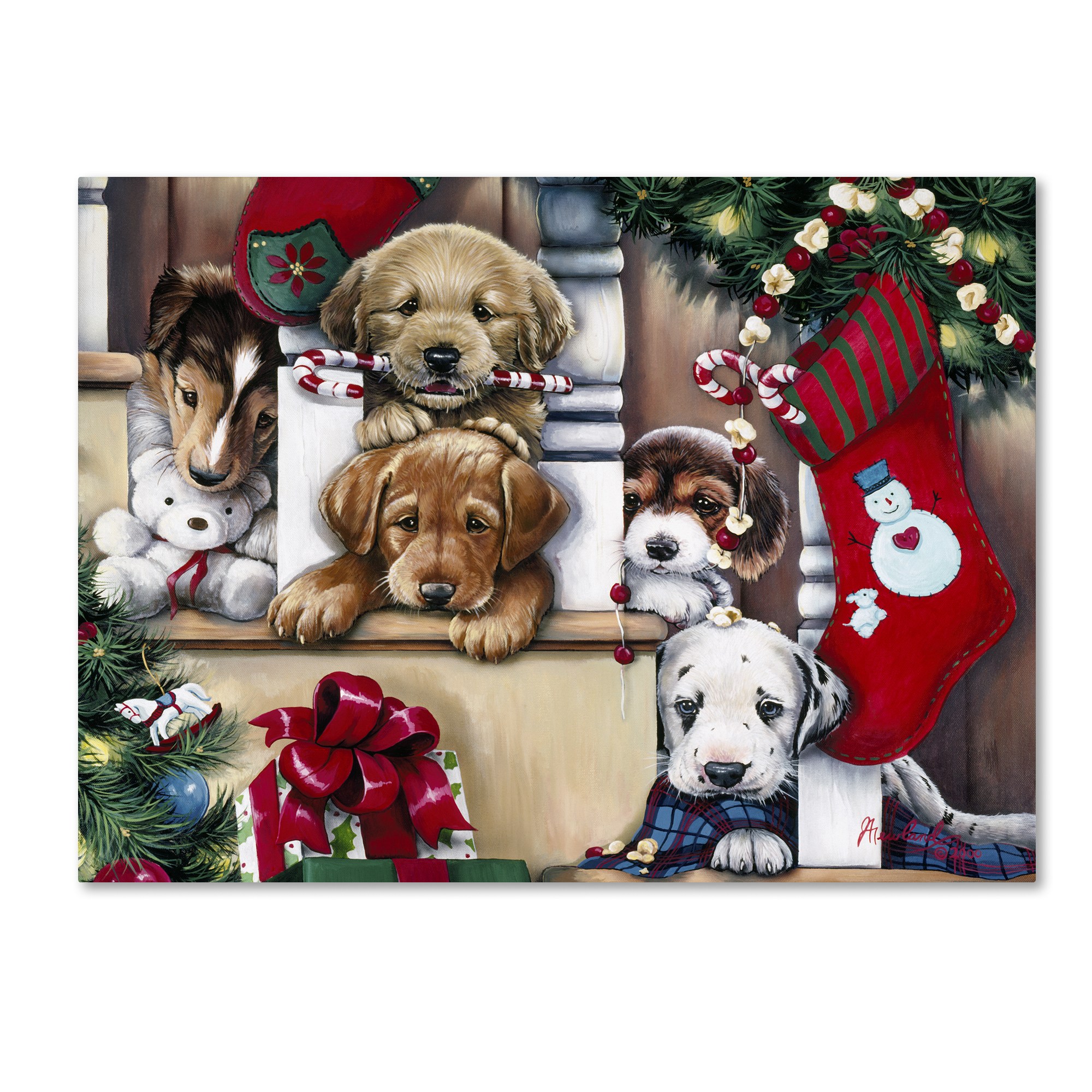 Trademark Fine Art 'Christmas Puppies On The Loose' Canvas Art by Jenny Newland