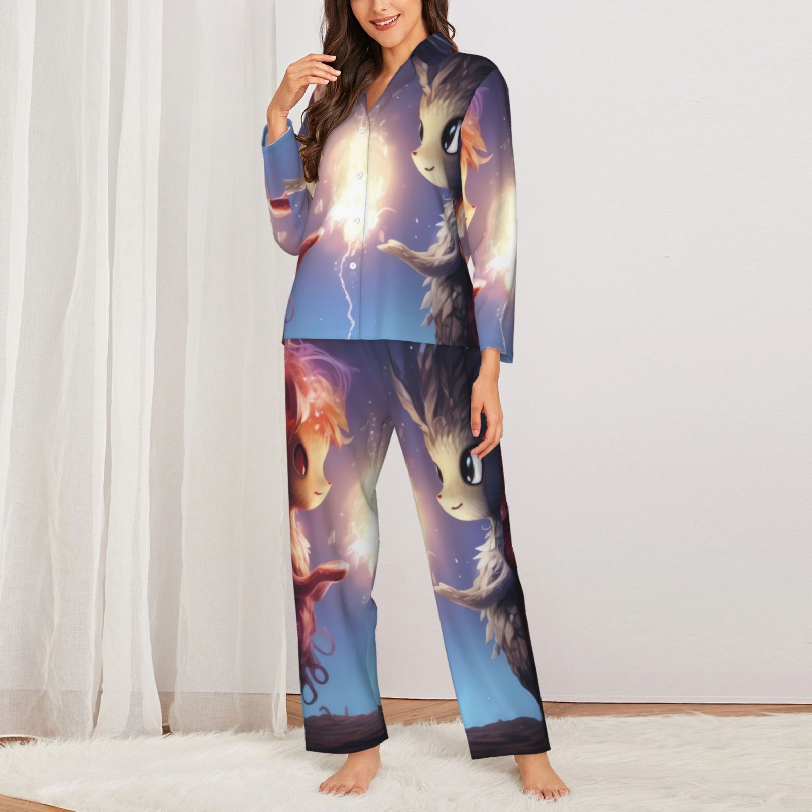 Rateoe Dreamy Forest Elf Pattern Womens Pajamas Set Long Sleeve Sleepwear Button Down Nightwear Soft Cotton Pj Lounge Sets