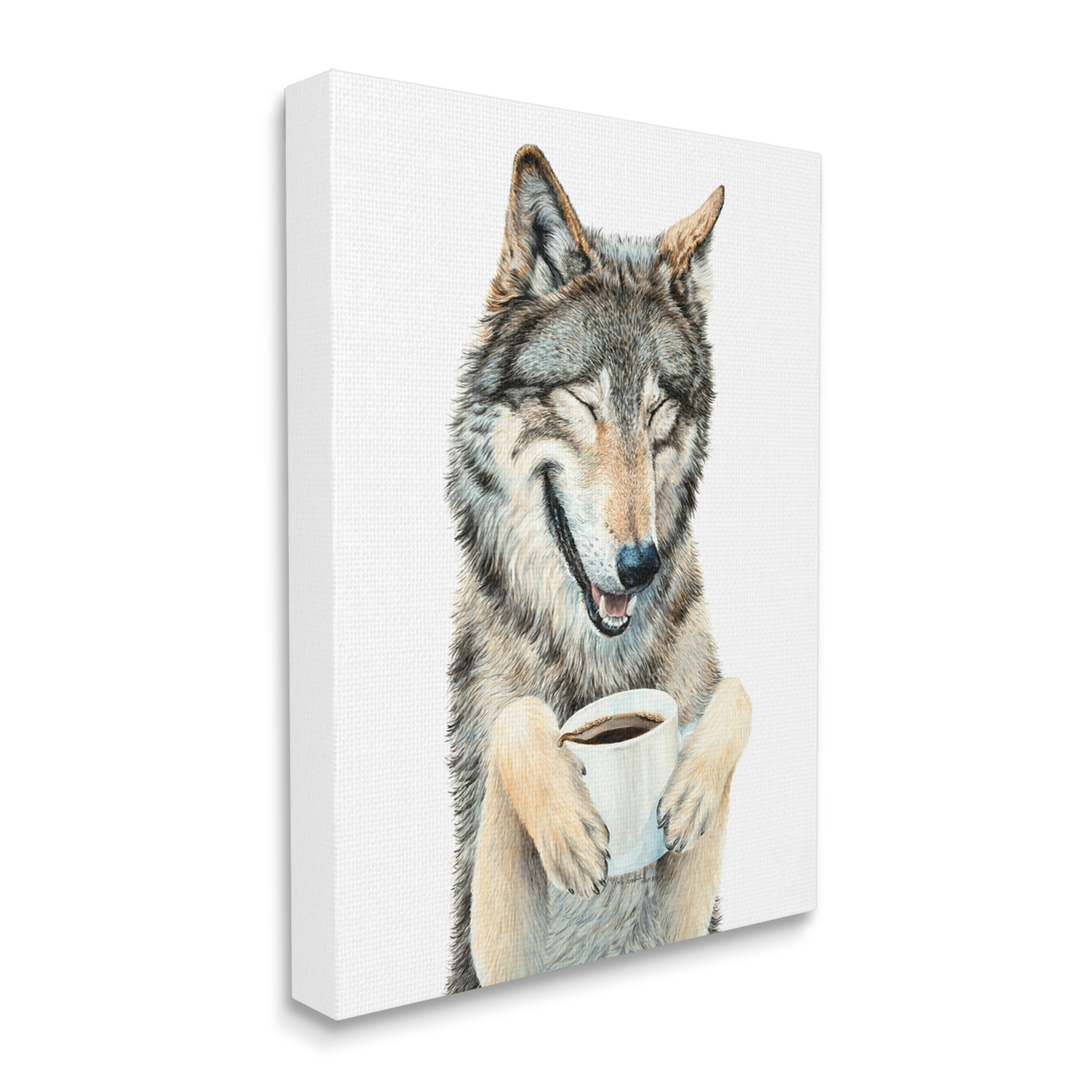 Stupell Industries Laughing Wolf with Coffee Animals & Insects Painting Gallery Wrapped Canvas Print Wall Art, 36 x 48