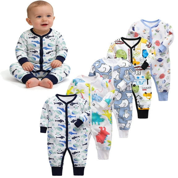 Emy Dola Baby Boys Long Sleeve Romper Jumpsuit Button Snap Up Infant One-piece Bodysuit Dinosaur Truck Prints Newborn Clothes 0-24M