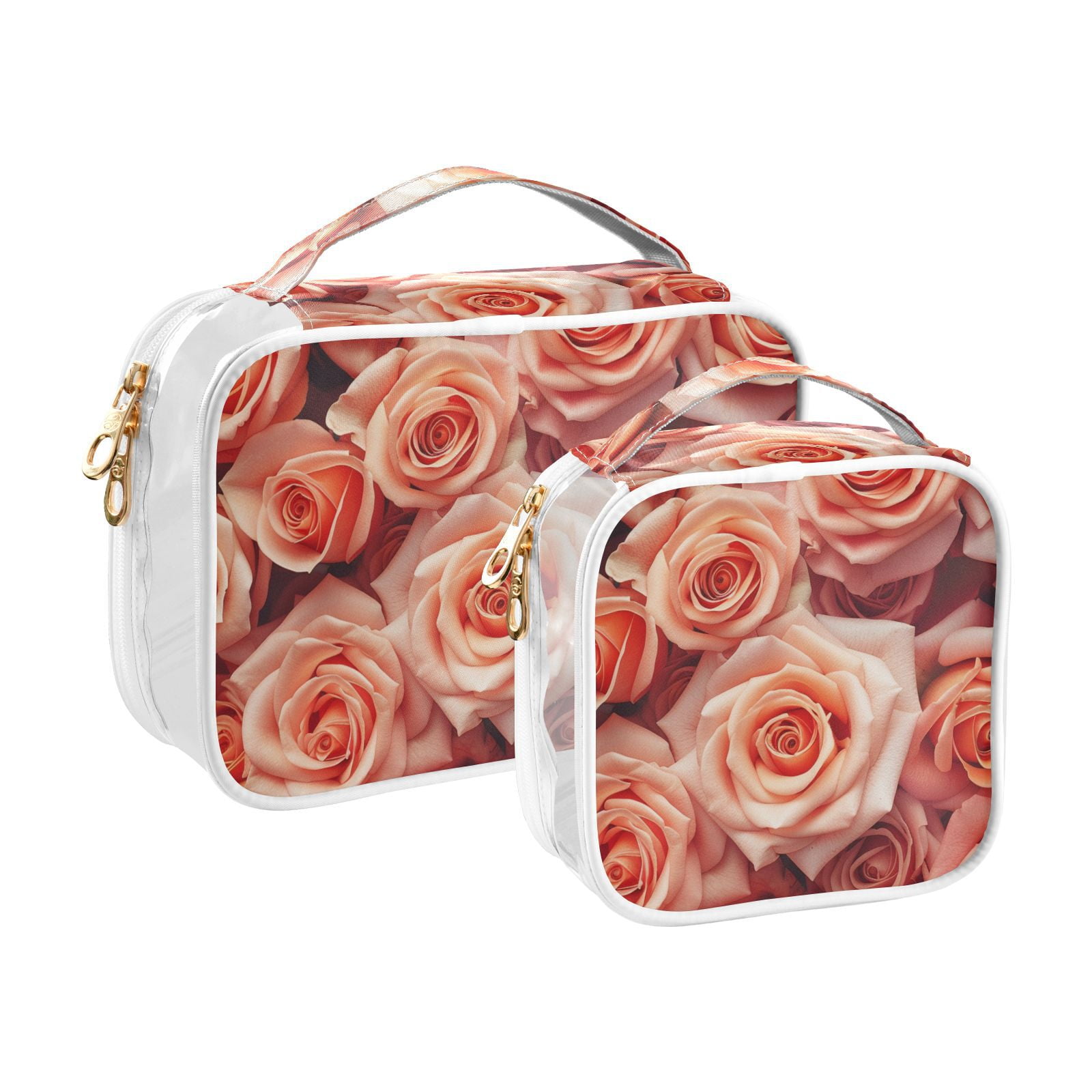 Clear Makeup Bags with Handle Large Opening 2 Pack Set Toiletry Bag Quart Size Bag, for Women Man Traveling Travel Essentials, Toiletries and Other. Valentine's Pink Roses Bloom