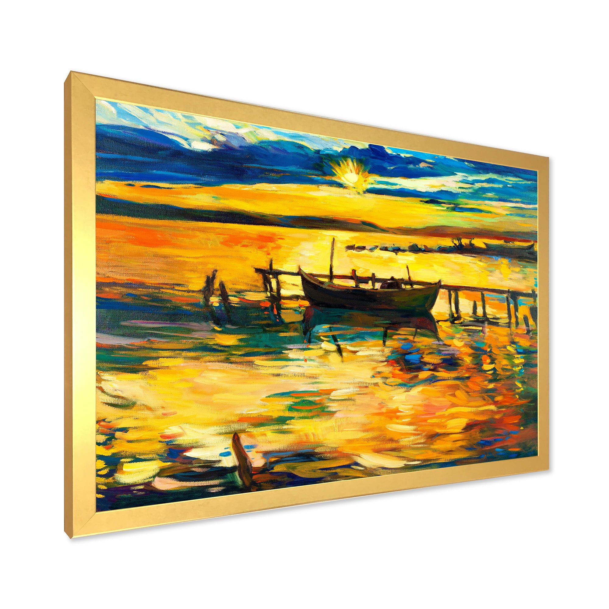 Boat At The Lake During Evening Glow VI 40 in x 30 in Framed Painting Canvas Art Print, by Designart