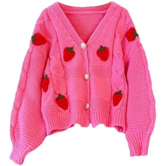 Womens Kawaii Strawberry Knit Cropped Sweater Cute Cardigan Aesthetic for Teen Girls Floral Y2k Korean School Uniform Jacket