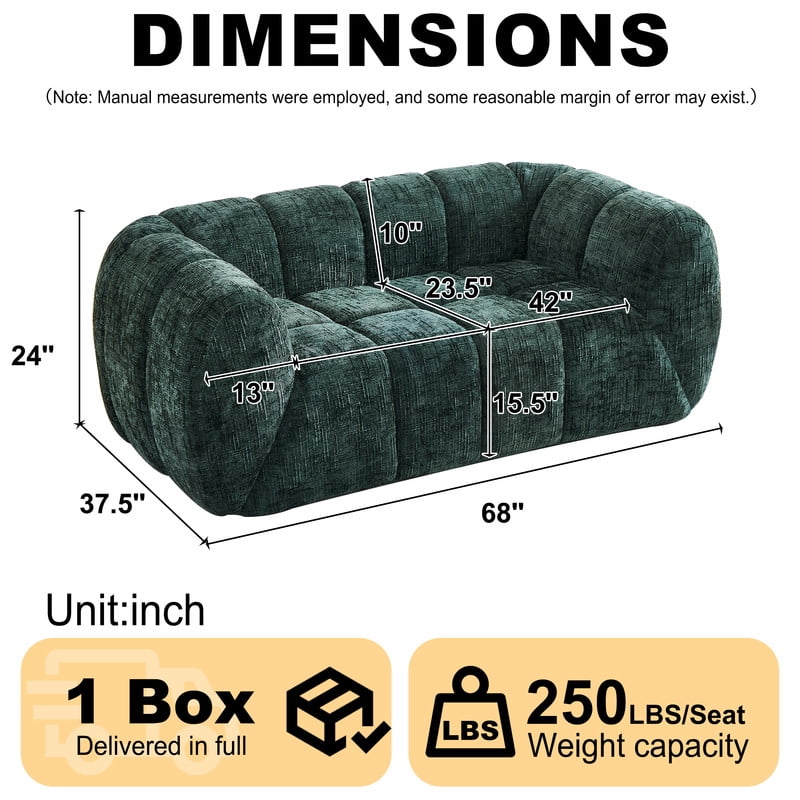 68''W Pure Foam Boneless No Assembly Floor Armrest Sofa, Chenille Modern Loveseat, Deep Seat 2-Seater Upholstered Couch