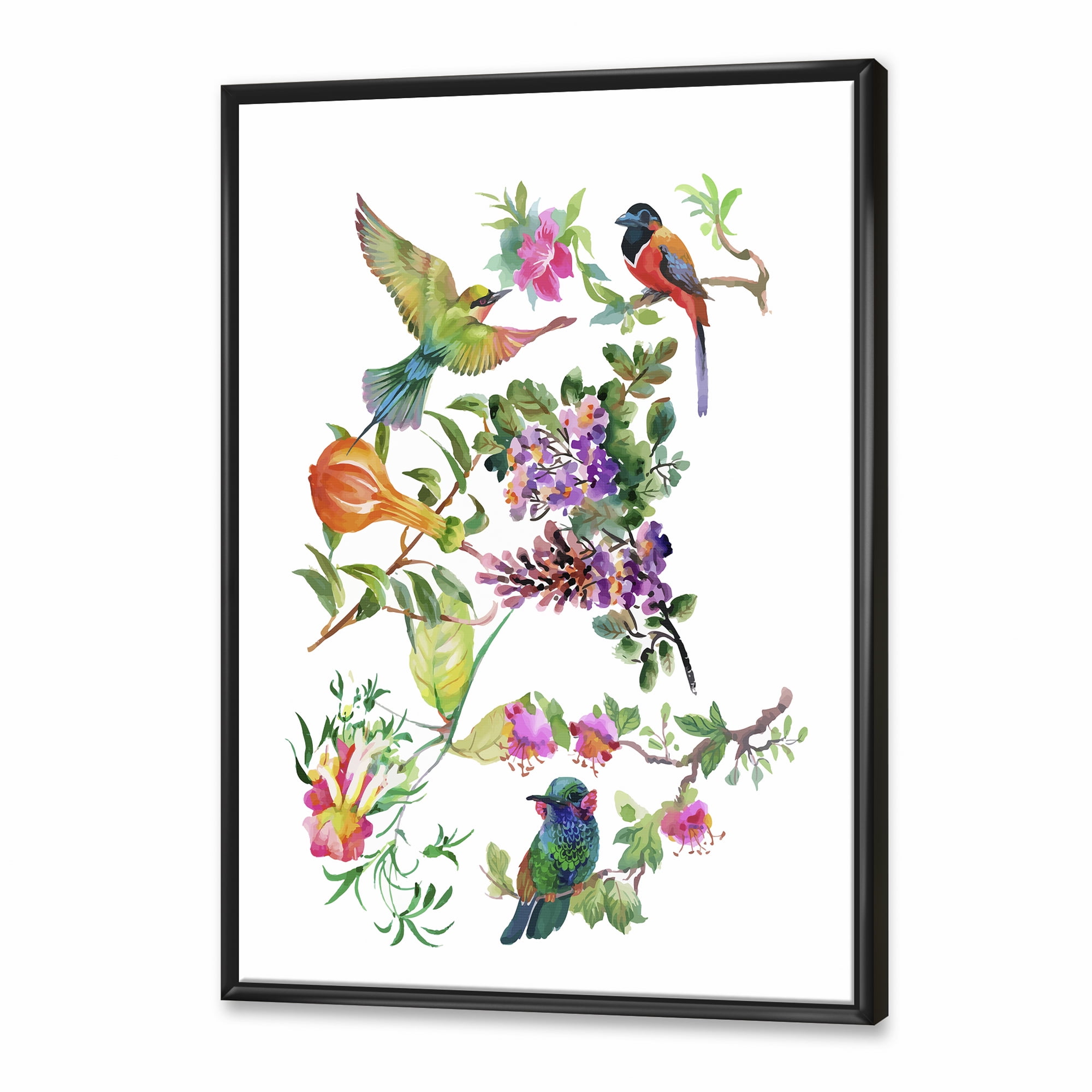 Designart 'Colourful Birds and Tropical Flowers II' Traditional Framed Canvas Wall Art Print