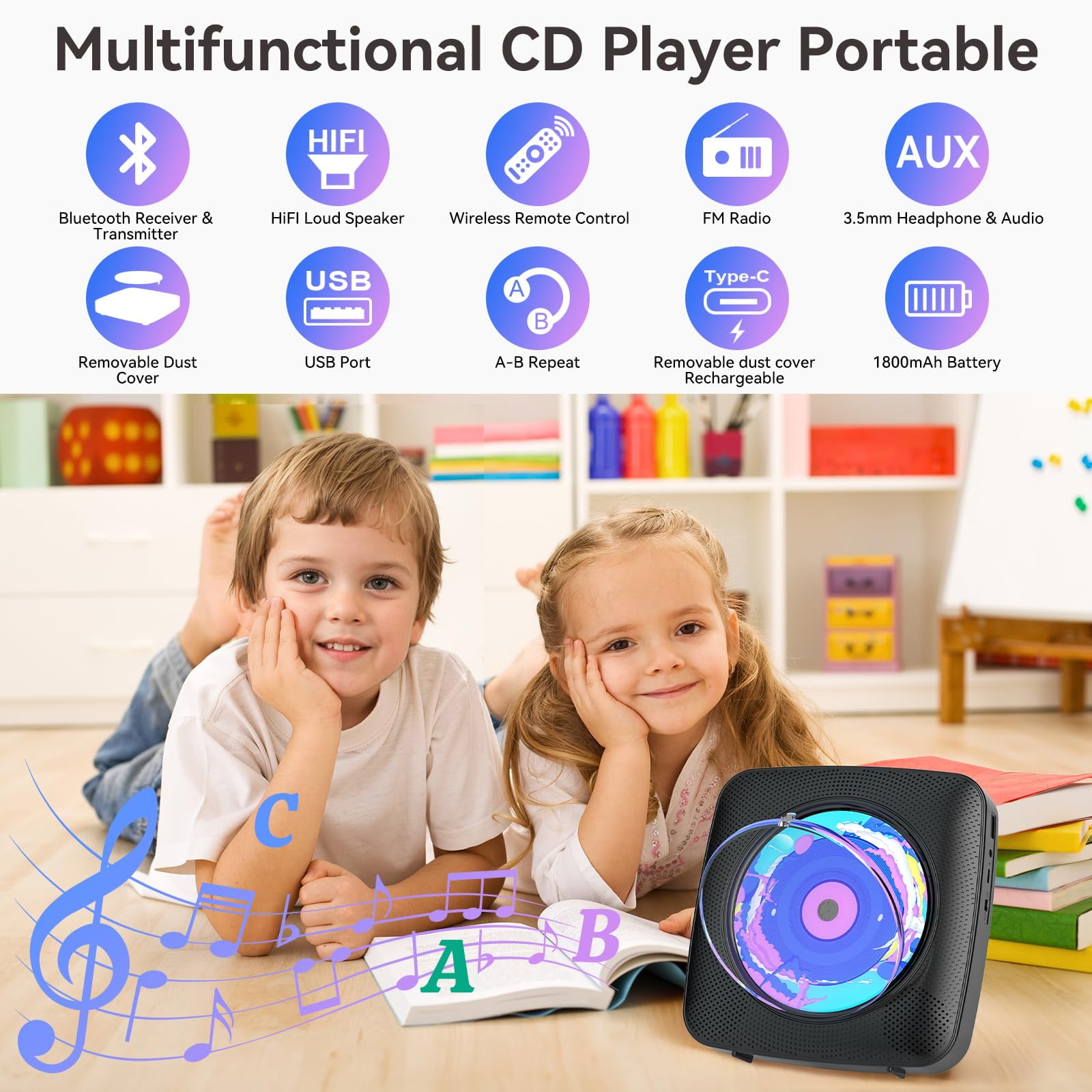 Ooosea CD Player Portable Bluetooth Rechargeable CD Players for Home Desktop Wall Mount CD Player with Speakers FM Radio USB AUX Jack Remote Control