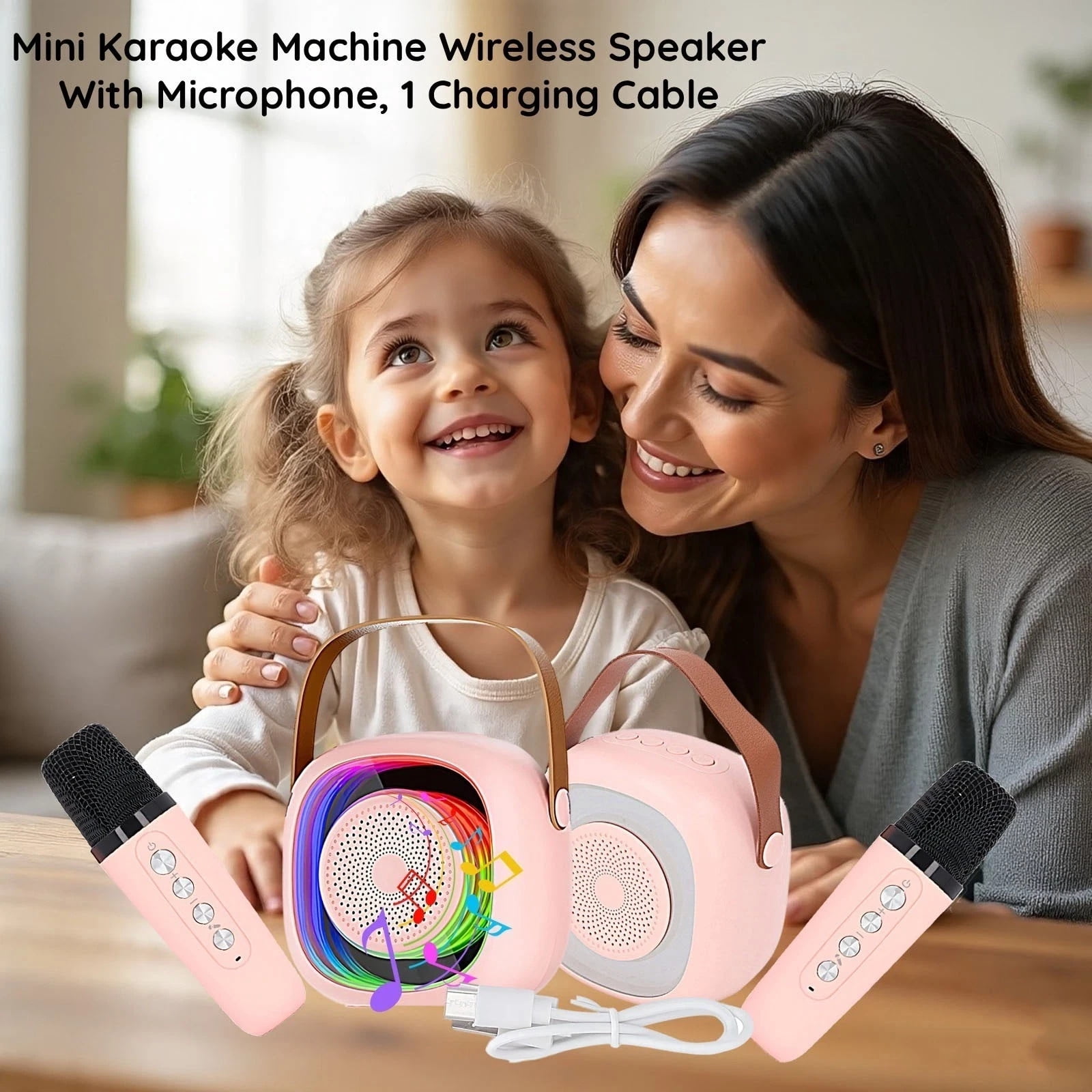 Kids Karaoke Machine with 2 Microphones, Mini Bluetooth Speaker, LED Lights Gift