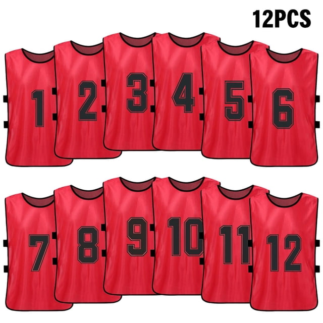 Tignapoo Lot de 12 Gilets de Sport Réversibles pour Enfants - Numérotés 1-12 en Rouge Vif, Parfaits pour les Matchs d'Équipe et les Activités de Plein Air