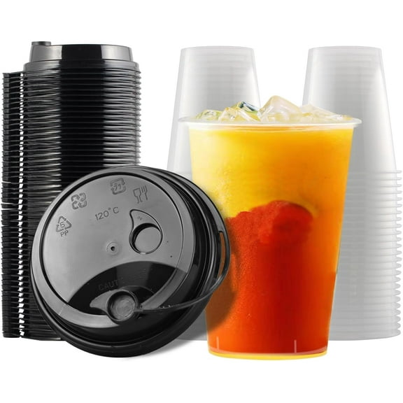 Plastic Disposable Drink Cups 12oz Transparent Hot and Cold Cup With Lid (-10鈩儈120鈩?,TO-GO Cup,Single-use Plastic Cups,Throwaway Cups,One-time Use Cups(Pack of 50)