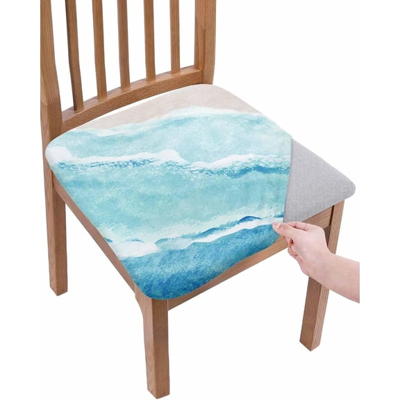 Summer Ocean Sea Waves Chair Seat Covers, Beach Gradient Blue Stretchable Dining Chair Seat Cushion Slipcovers with Buckle for Dining Room, Set of 6