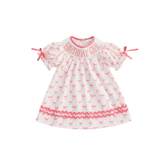 Kids Toddler Baby Girl Birthday Cute Dress Puff Short Sleeve Letter Embroidery Smocked Dress Summer Party Dress