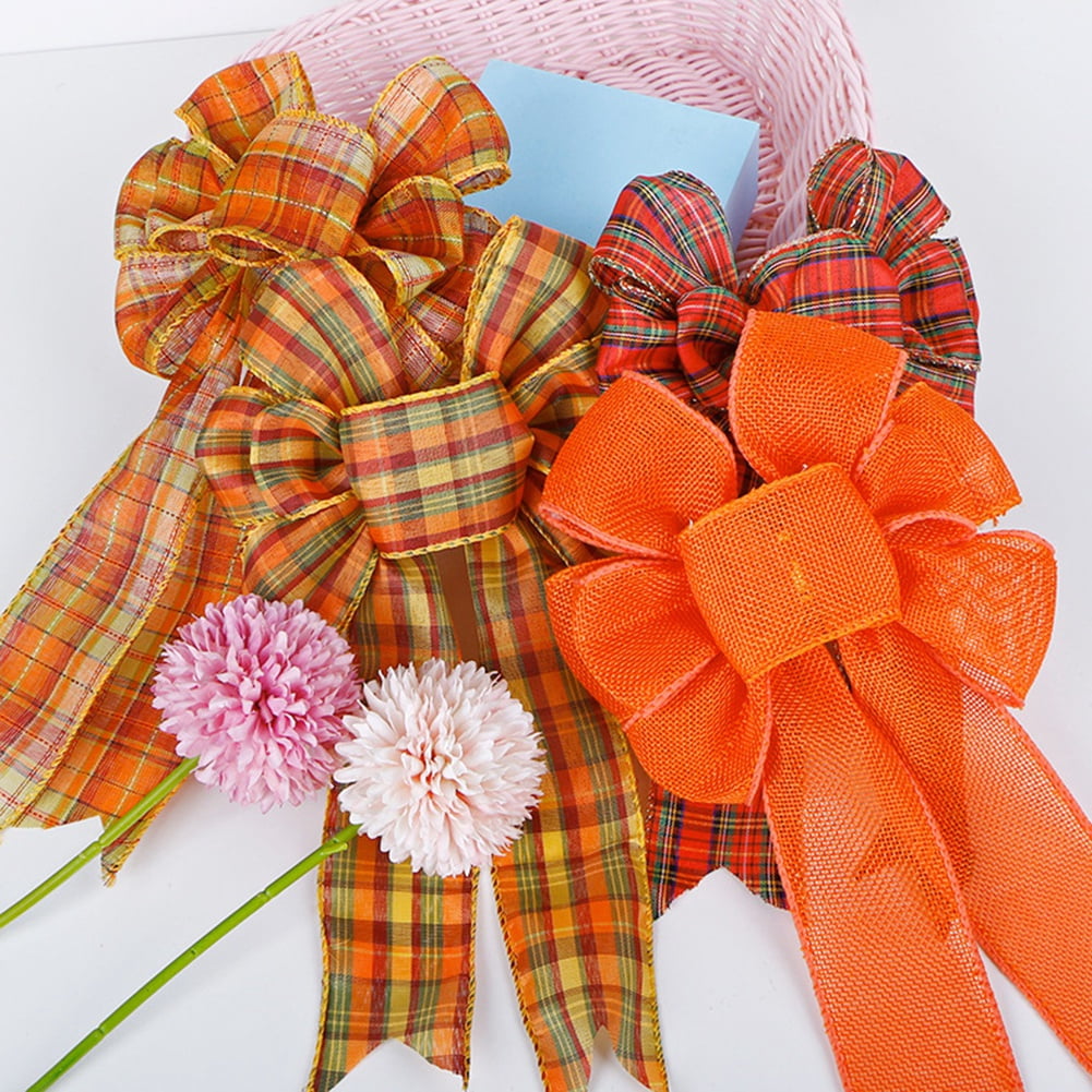 2/4/6 PCS Large Fall Thanksgiving Wreath Gift Bow -18.9x10.6inch Orange Buffalo Plaid Check Wreath Swag Bow Wreath Pre-Tied Bow for Fall, Thanksgiving, Christmas, Home Indoor Outdoor Ornaments