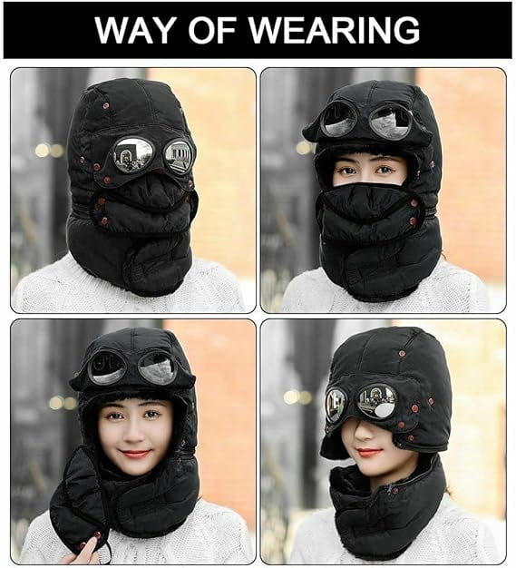 Winter Thermal Trapper Hat with Glasses Winter Cycling Windproof Ski Mask Cap ( a: black)