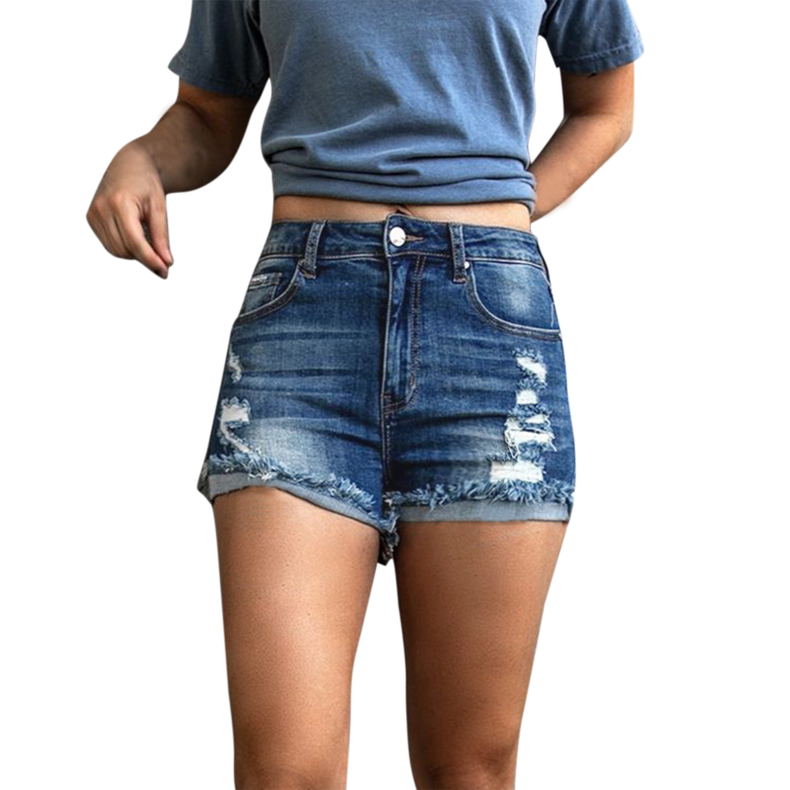 WANYNG Casual Blue Mid Waist Elasticity Pockets Denim Short Jeans Leather Jean Jacket Women Girl Hole - Walmart.com