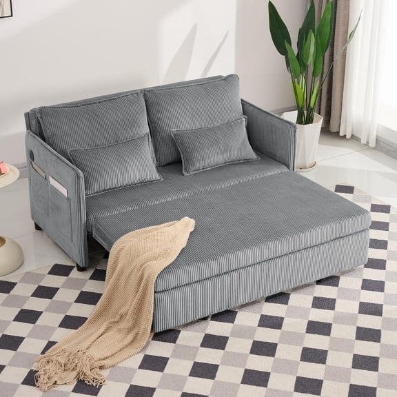 LJAN 55" Convertible Sofa Bed, 3-in-1 Sofa Bed Couch with Pull Out Design, Corduroy Sleeper Sofas with USB Ports & Side Pocket, Modern Loveseat Sleeper for Living Room Bedroom Small Space