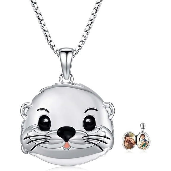 CACA LADY Otter Locket Necklace 925 Sterling Silver Women's Lockets Picture Necklace Memorial Photo Jewelry as Birthday Gifts for Sisters Women