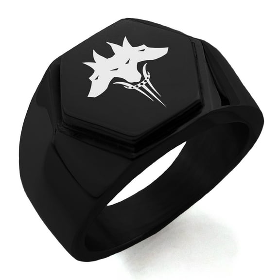Stainless Steel Greek Mythology Cerberus Engraved Hexagon Crest Flat Top Biker Style Polished Ring